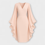 Ρέιτσελ - Ροζ midi φόρεμα με V ντεκολτέ και chiffon μανίκια