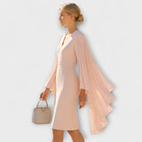 Ρέιτσελ - Ροζ midi φόρεμα με V ντεκολτέ και chiffon μανίκια