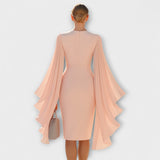 Ρέιτσελ - Ροζ midi φόρεμα με V ντεκολτέ και chiffon μανίκια