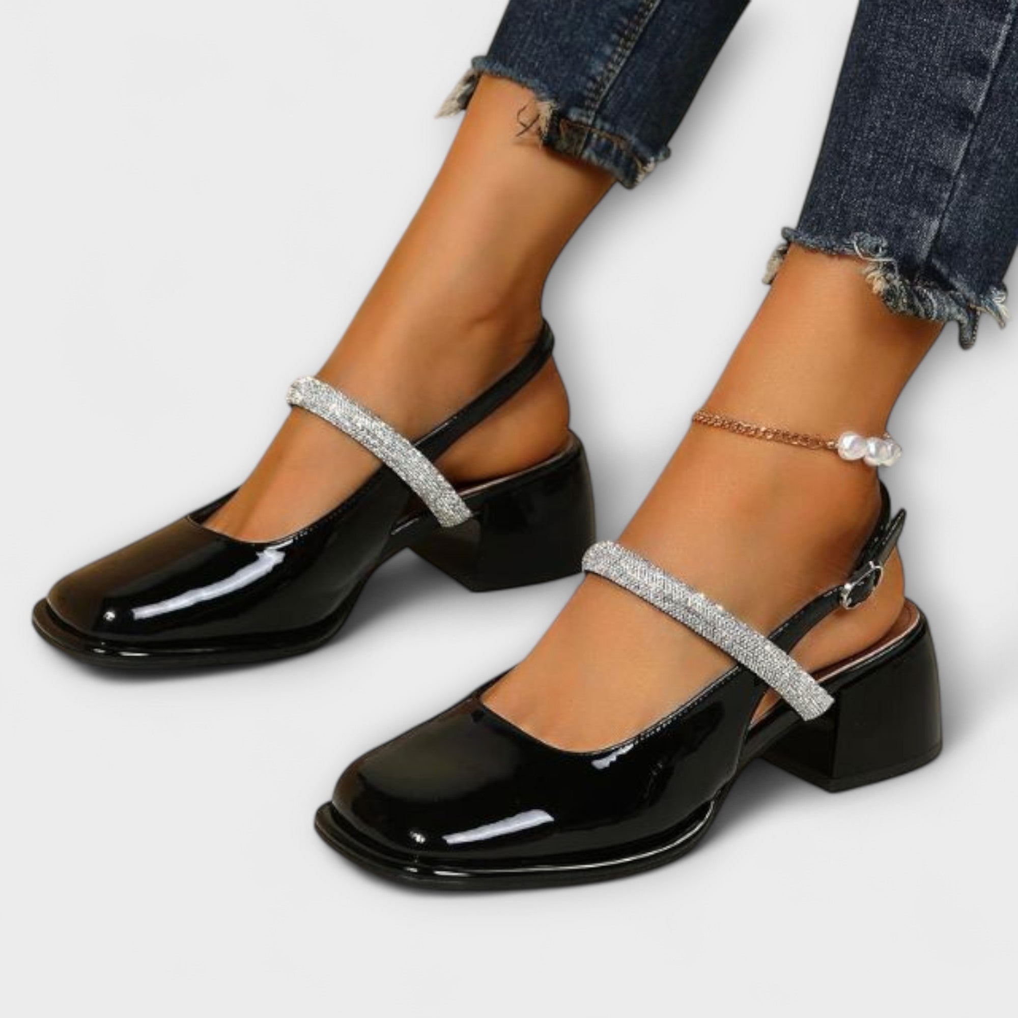 Celandra - Mary Janes με λαμπερά λουράκια και τετράγωνο τακούνι