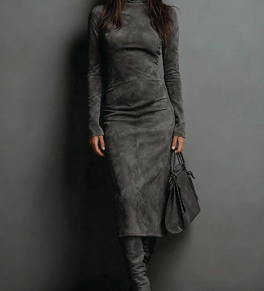 Žaneta - Midi φόρεμα από σουέτ με ψηλό γιακά και μακριά μανίκια